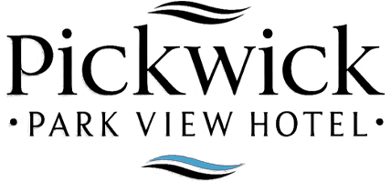 Logo of Pickwick Park View Hotel with stylized text and wave elements.