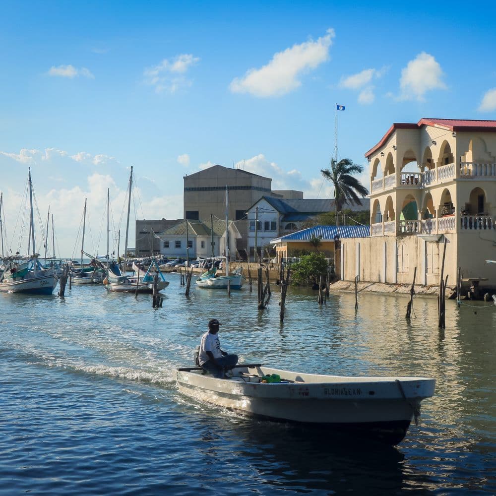 A fisherman navigates a small boat through a marina lined with moored vessels and waterfront buildings under a blue sky.